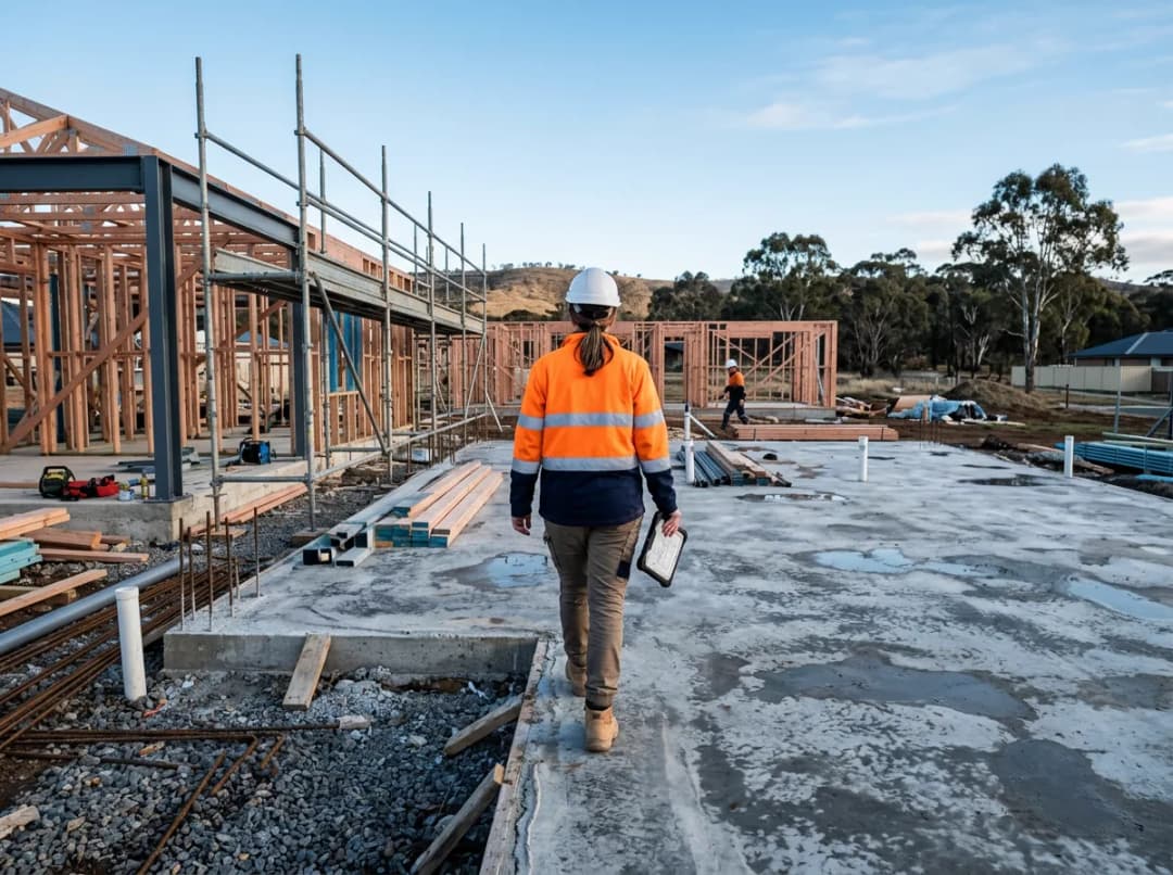 A site supervisor in hi-vis and hard hat walking a concrete slab holding a tablet, house frames either side